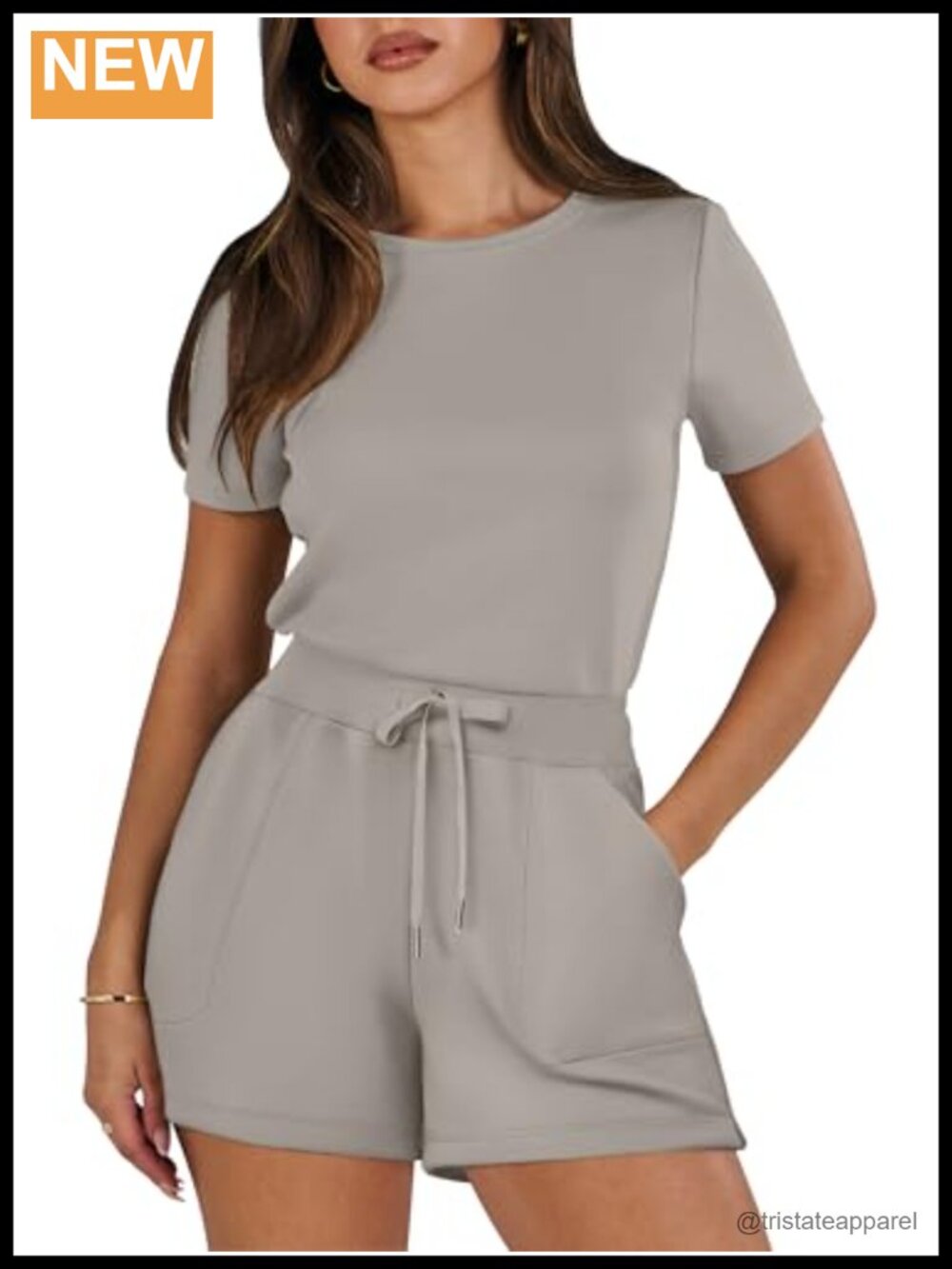 Women's Romper Short Sleeve Crewneck Drawstring Waist Side Pockets Mini Jumpsuit